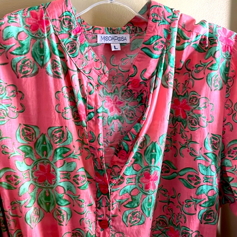 Summer caftan, block print, L, long w both sides split, pink,coral and greens